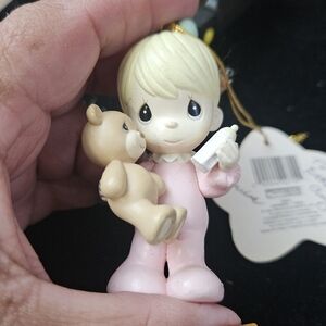 VTG Precious Moments Holiday Ornament 1995 Girl Feeding Bottle Teddy Bear